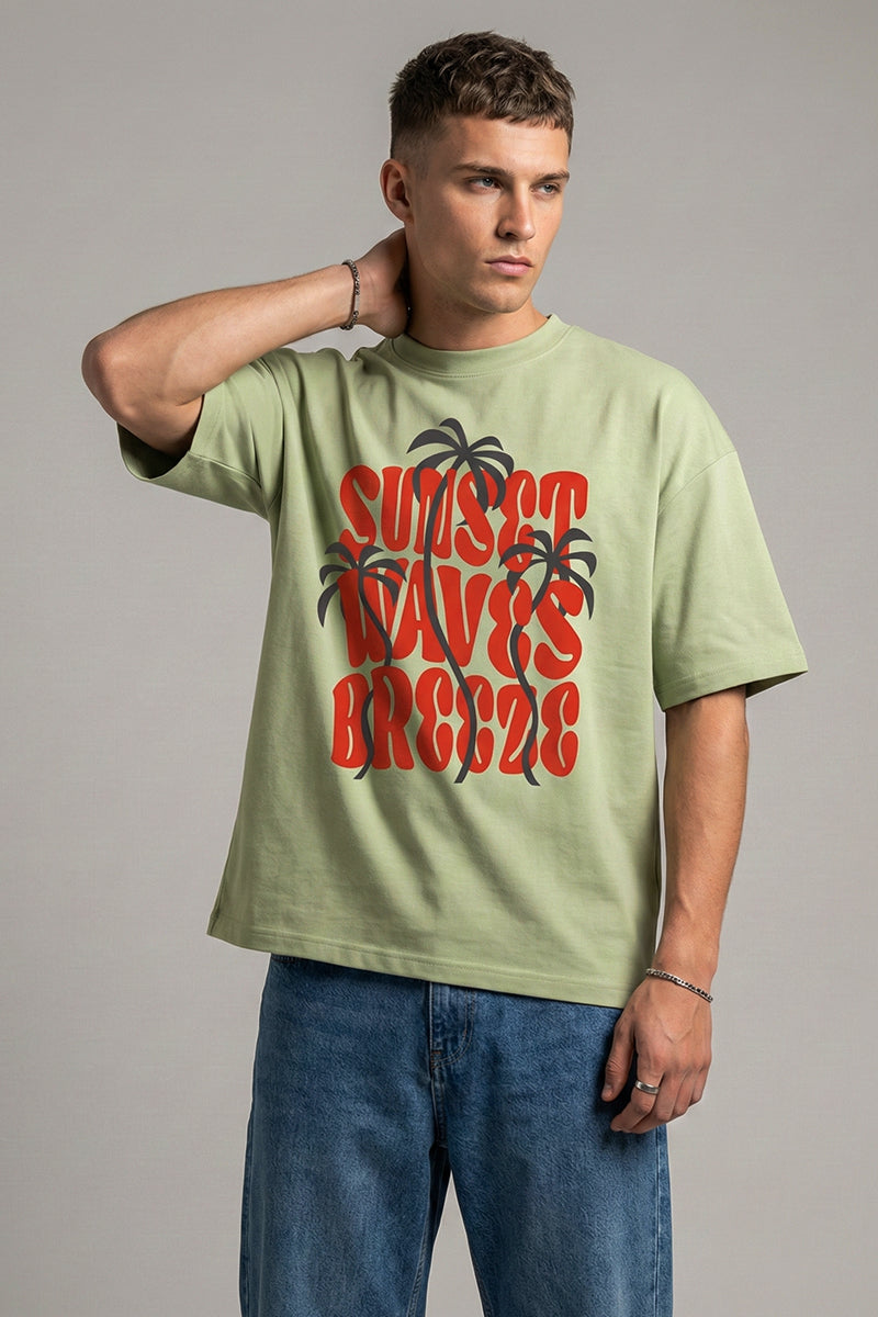 Sunset Waves Breeze Oversized Graphic T-Shirt - close-up detail