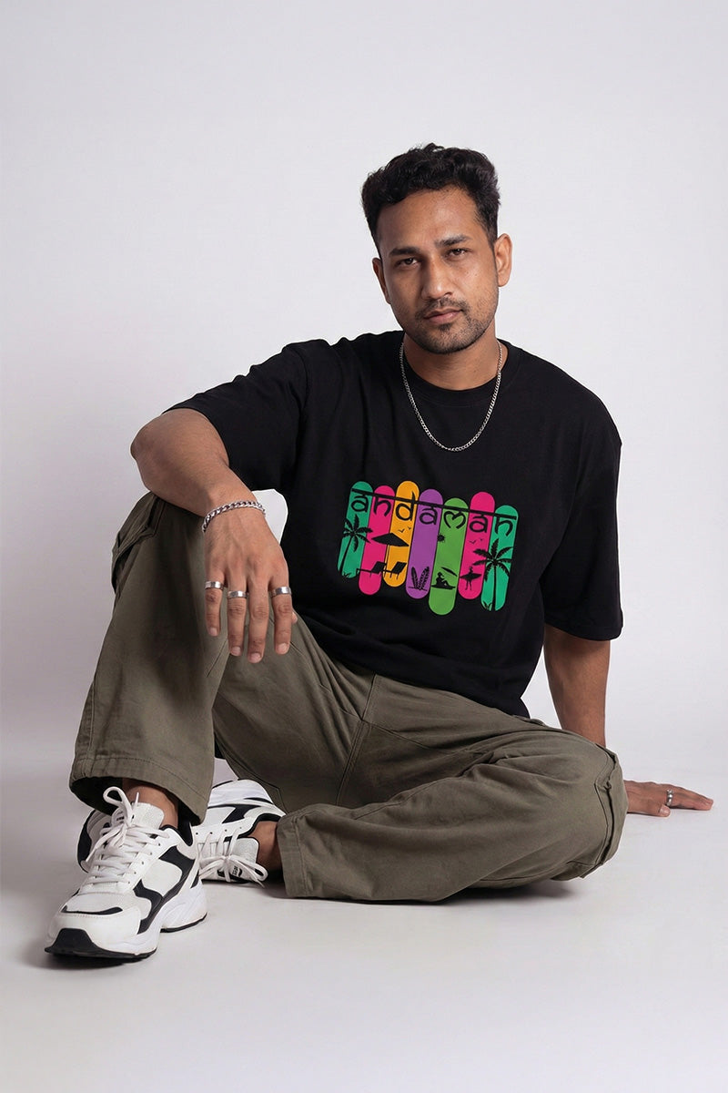 Andaman Tropical Text Oversized T-Shirt in Black - back view