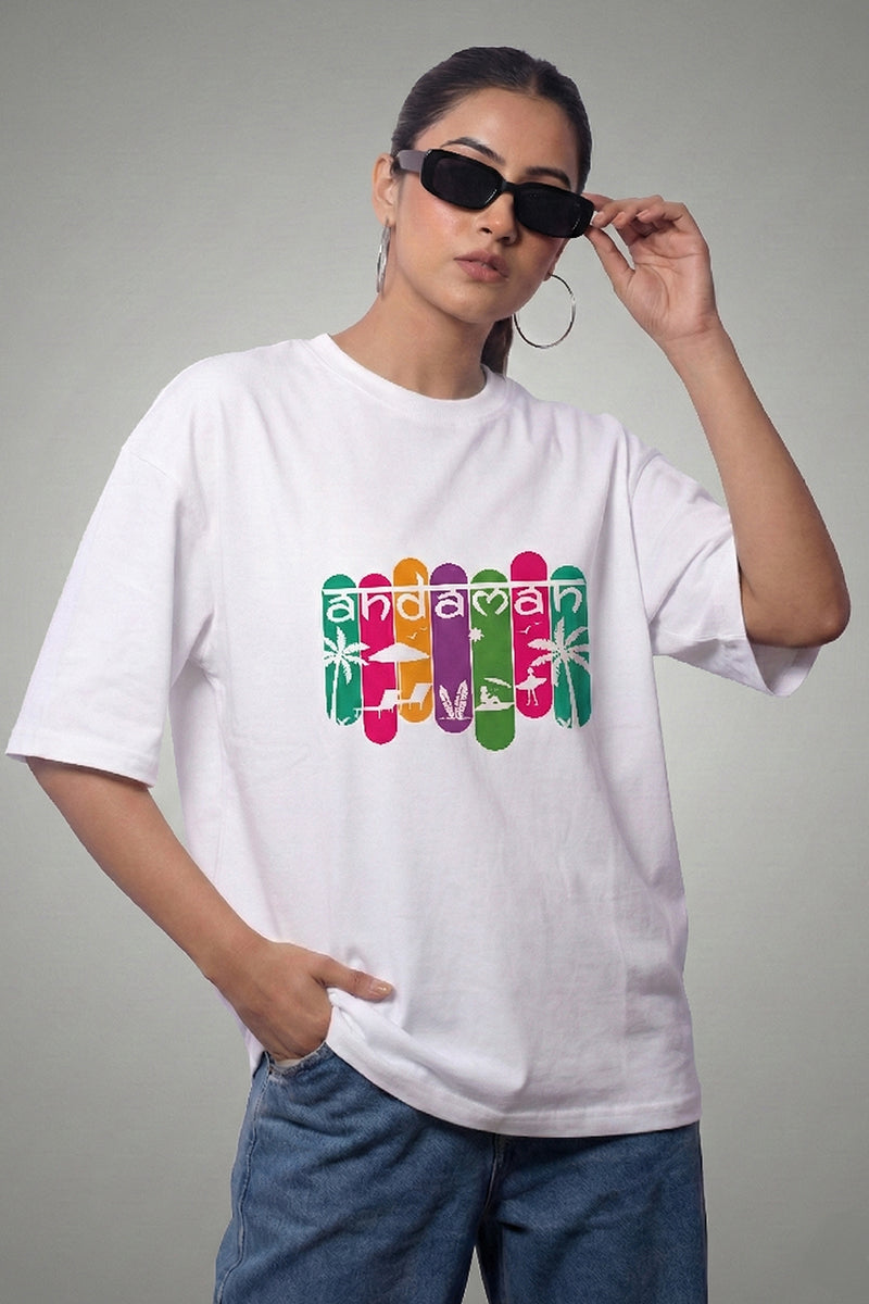 Andaman Tropical Text Oversized T-Shirt in White - back view