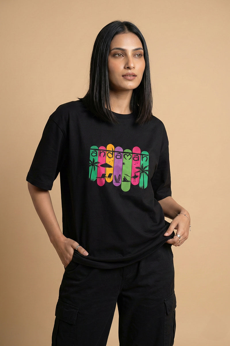 Andaman Tropical Text Oversized T-Shirt in Black - close-up detail