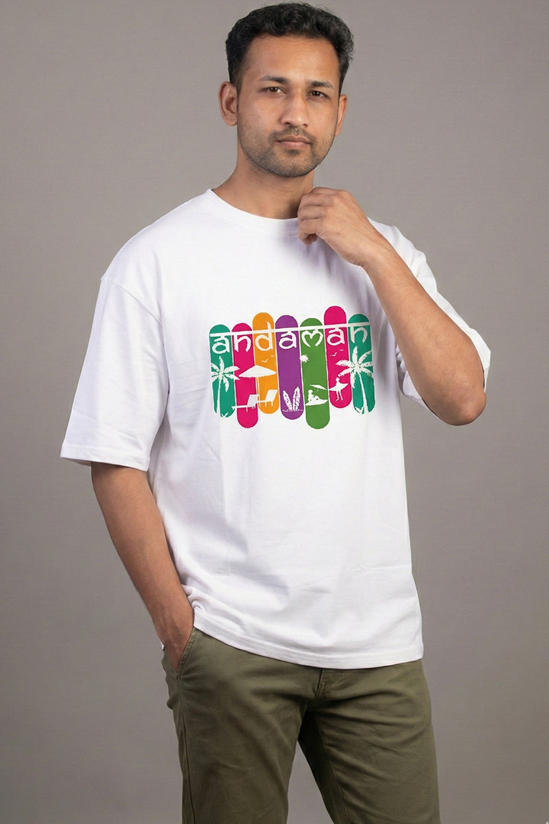 Andaman Tropical Text Oversized T-Shirt in White - close-up detail