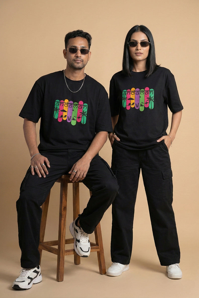 Andaman Tropical Text Oversized T-Shirt in Black - front view