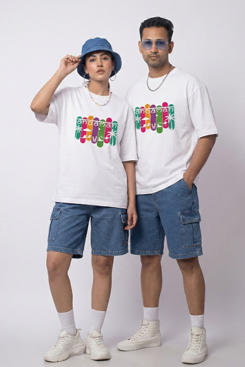 Andaman Tropical Text Oversized T-Shirt in White - front view