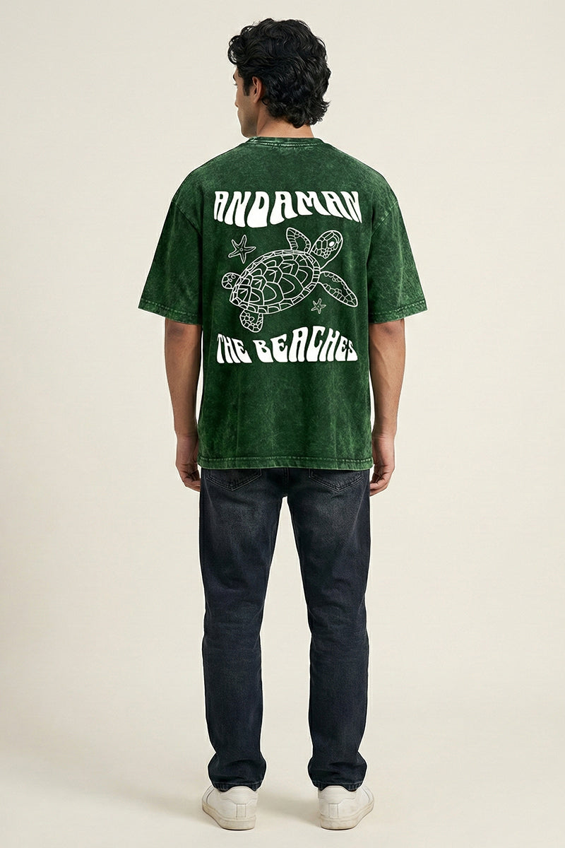 "Andaman The Beaches" Sea Turtle Acid Wash Green Oversized T-Shirt