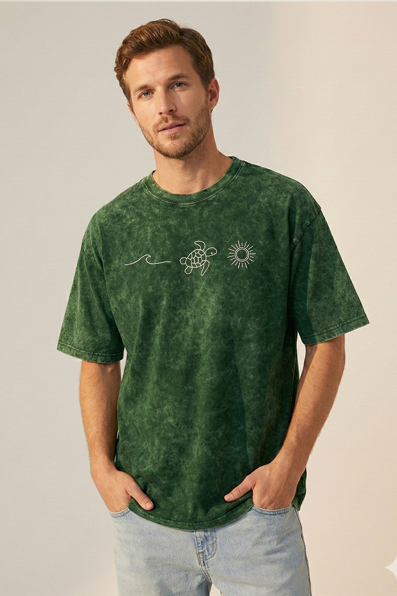 Andaman The Beaches Sea Turtle Acid Wash Green Oversized T-Shirt - styled photo