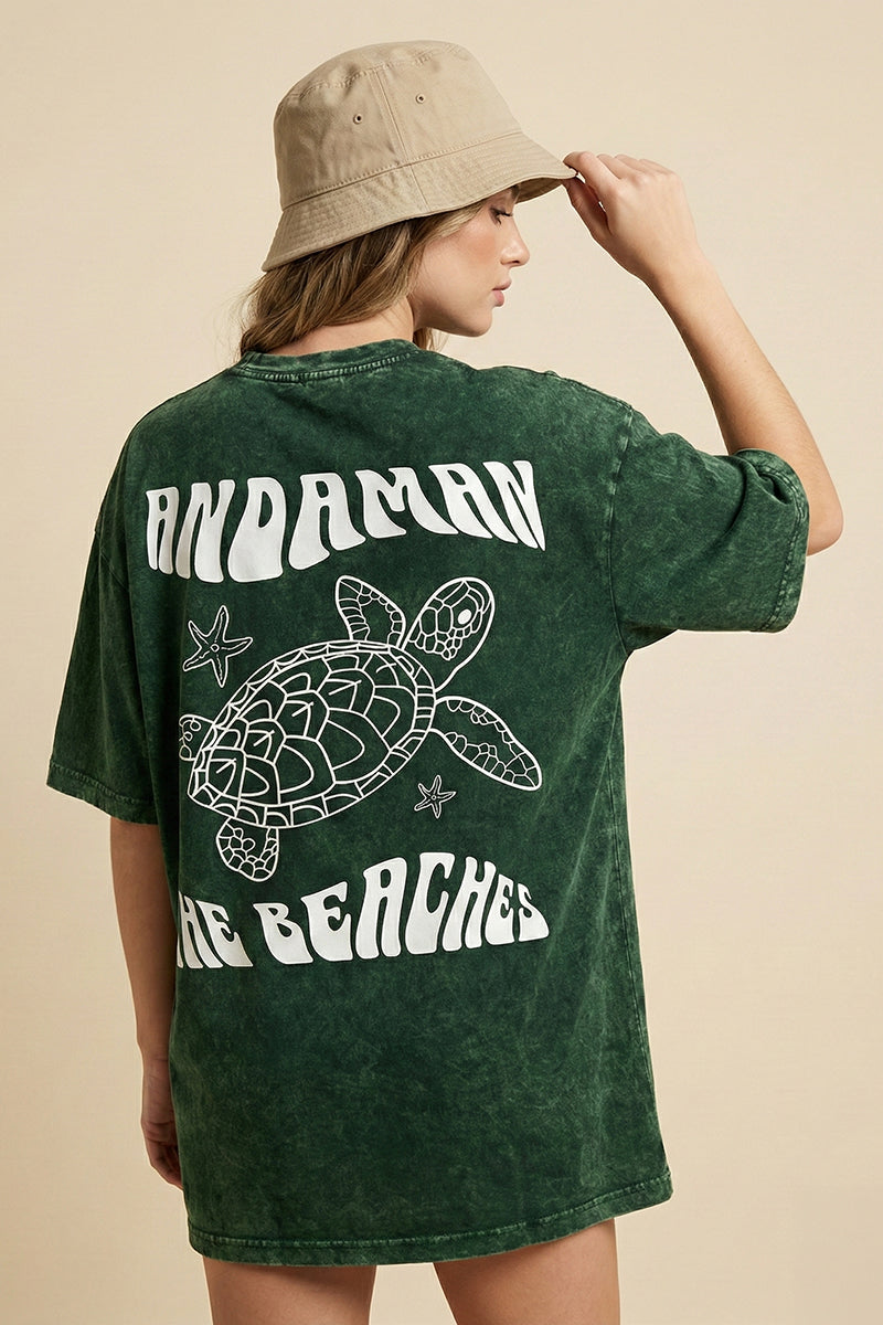 Andaman The Beaches Sea Turtle Acid Wash Green Oversized T-Shirt - front view