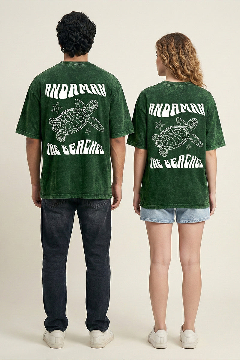 "Andaman The Beaches" Sea Turtle Acid Wash Green Oversized T-Shirt