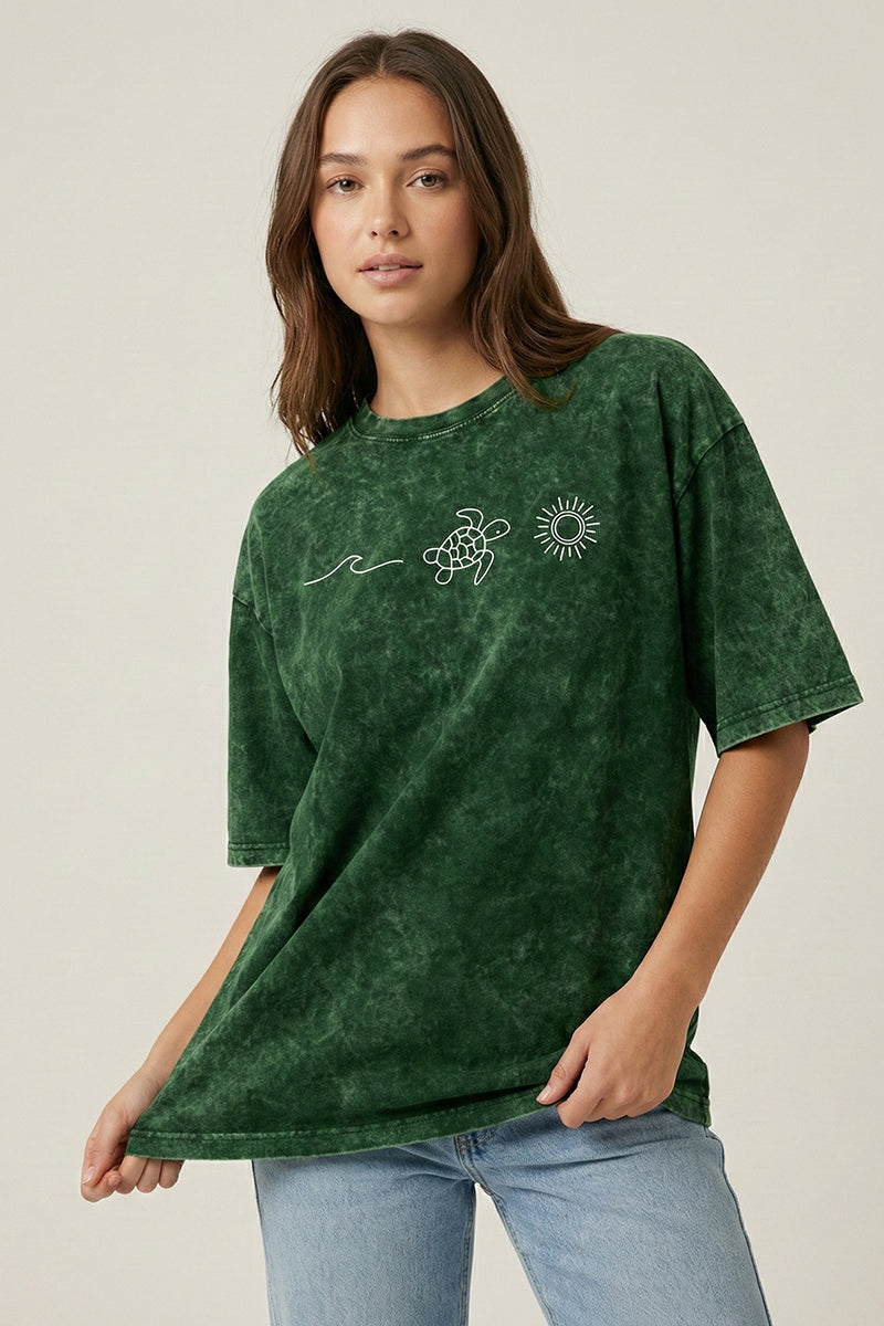 "Andaman The Beaches" Sea Turtle Acid Wash Green Oversized T-Shirt