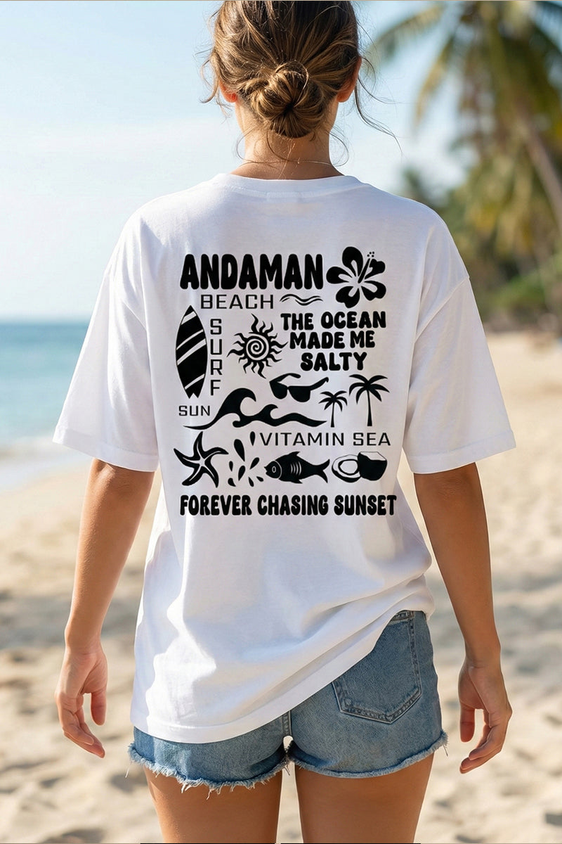 Forever Chasing Sunset – Andaman Beach Vibes White Oversized T-Shirt - front view