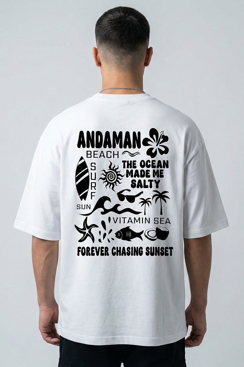 Forever Chasing Sunset – Andaman Beach Vibes White Oversized T-Shirt - back view