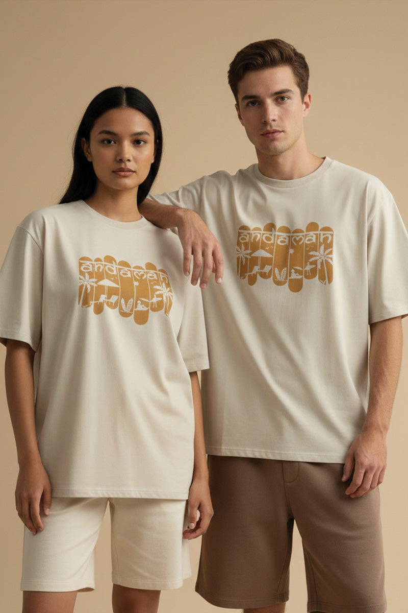 Andaman Palm Silhouette Biege Oversized T-Shirt - front view