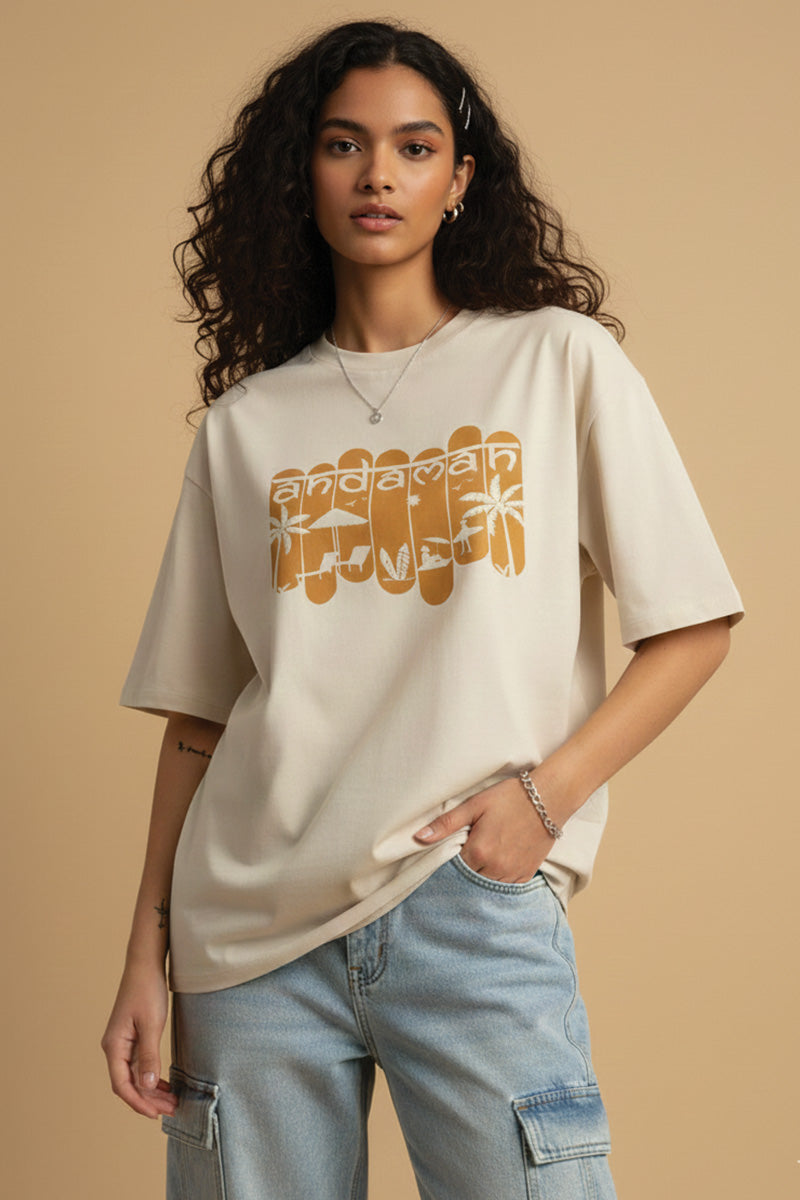 Andaman Palm Silhouette Biege Oversized T-Shirt - back view