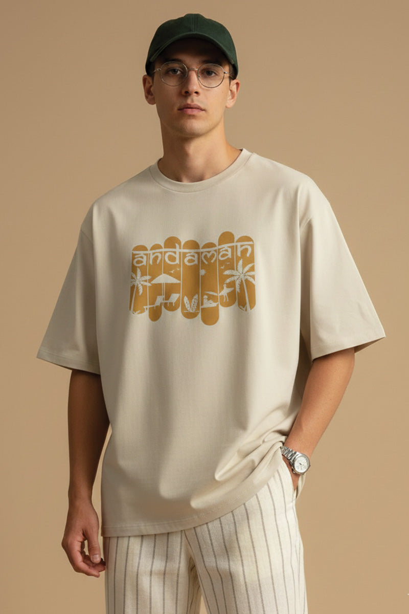 Andaman Palm Silhouette Biege Oversized T-Shirt - close-up detail