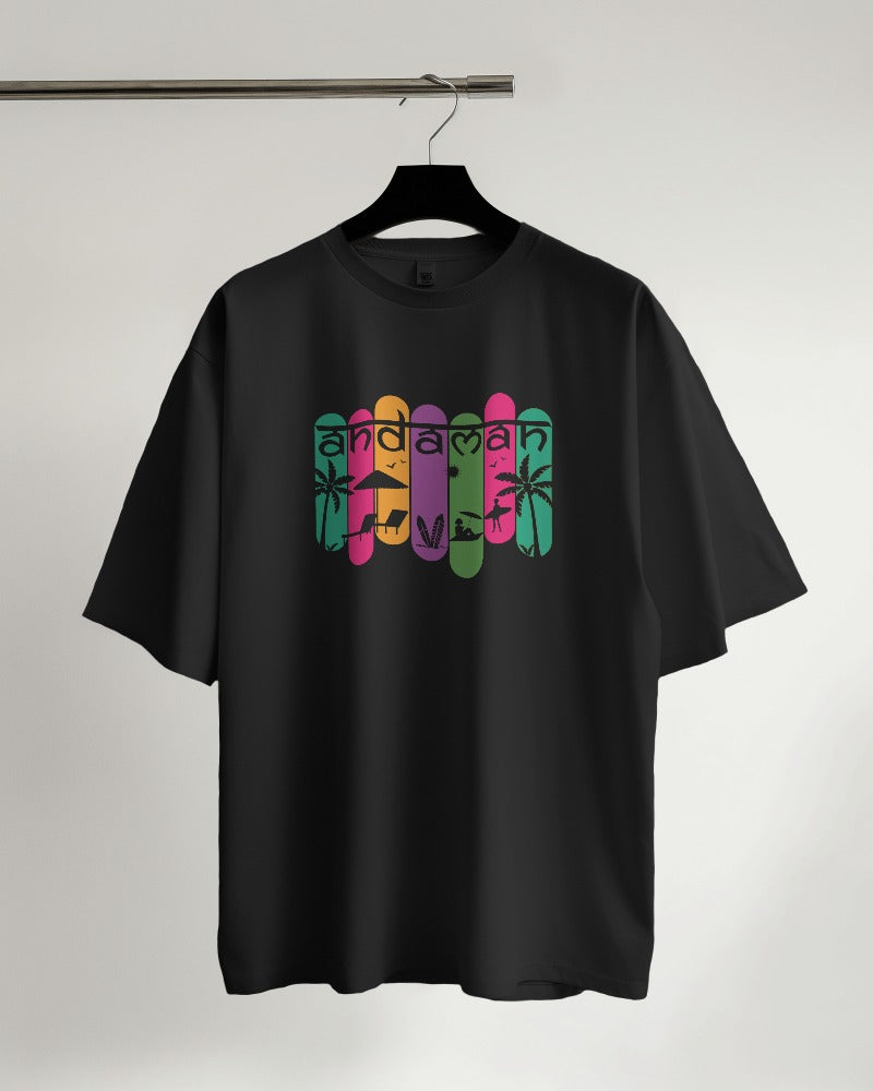 Andaman Tropical Text Oversized T-Shirt in Black - styled photo