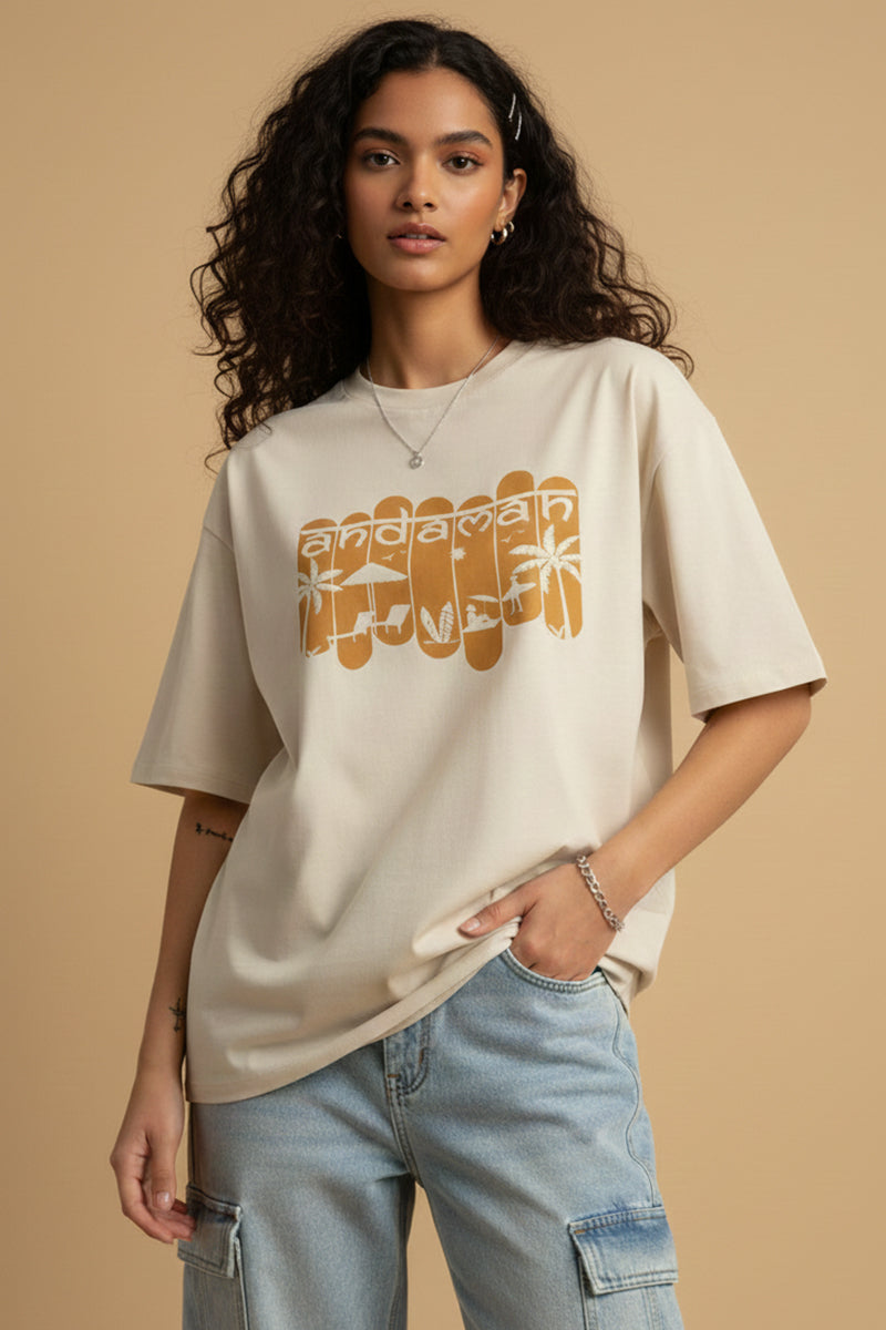 Andaman Palm Silhouette Biege Oversized T-Shirt