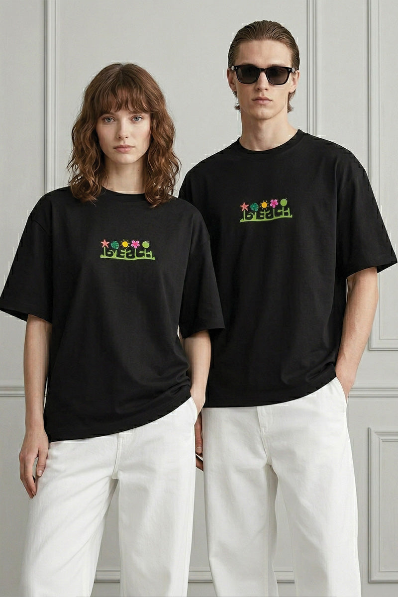 Island Vibes Oversized T-Shirt – Black Tropical Edition - front view