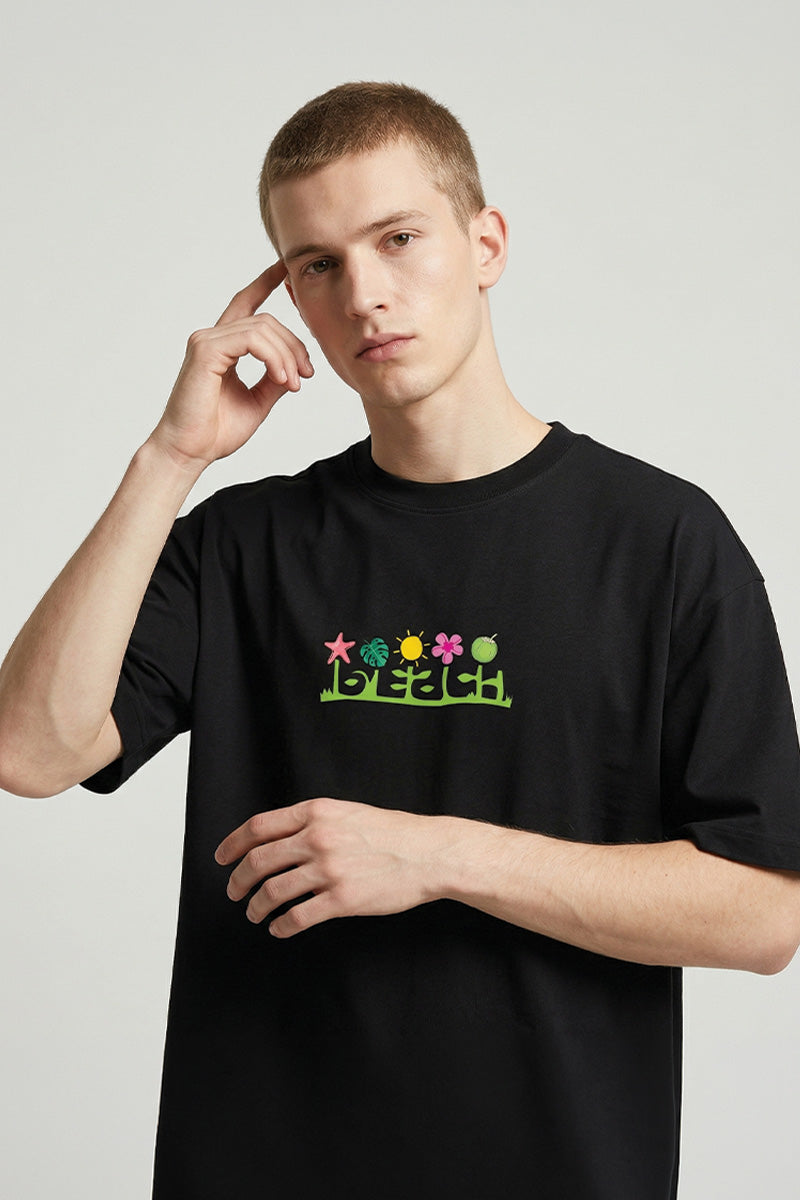 Island Vibes Oversized T-Shirt – Black Tropical Edition - close-up detail
