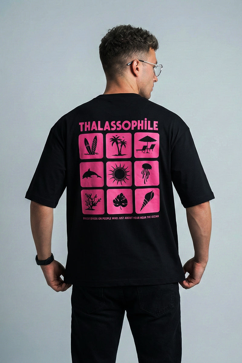 Thalassophile Iconic Beach Black Oversized T-Shirt - close-up detail
