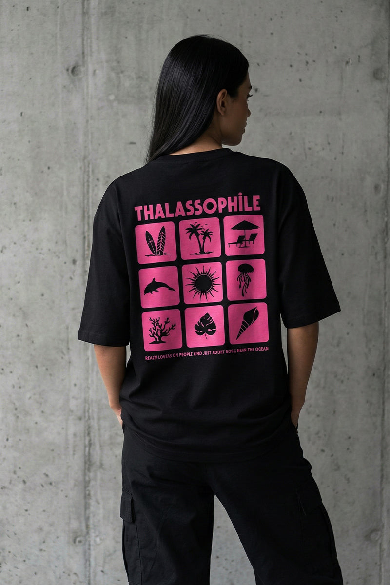 Thalassophile Iconic Beach Black Oversized T-Shirt - back view