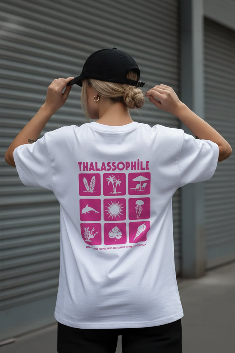 Thalassophile Iconic Beach Off-White Oversized T-Shirt - close-up detail