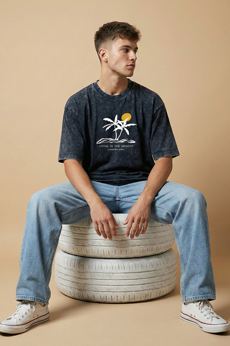 "Living in the Moment" Vintage Navy Acid Wash Oversized T-Shirt